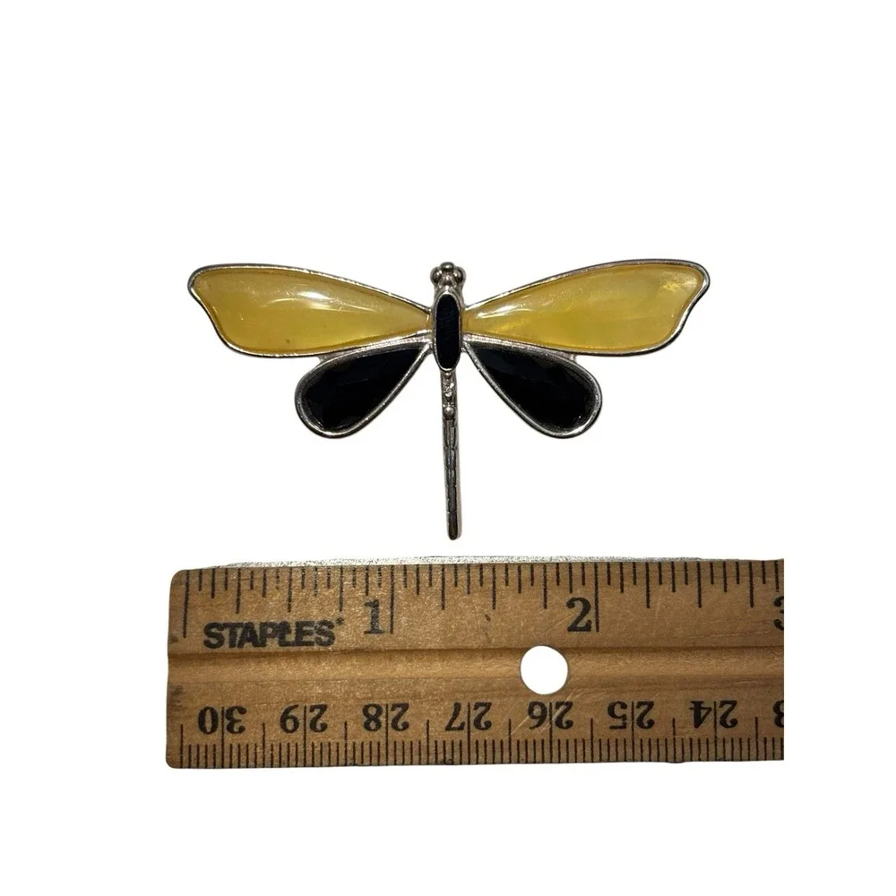 Vintage Silver Tone Rhinestone Glossy Yellow Black Dragonfly Insect Brooch Pin